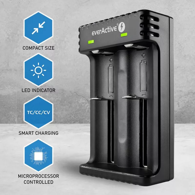 everActive LC200 majapidamisaku laadija USB, 2 pesaga, Li-Ion, toetab AA/AAA, 5 V sisend, 4,2 V väljund, must