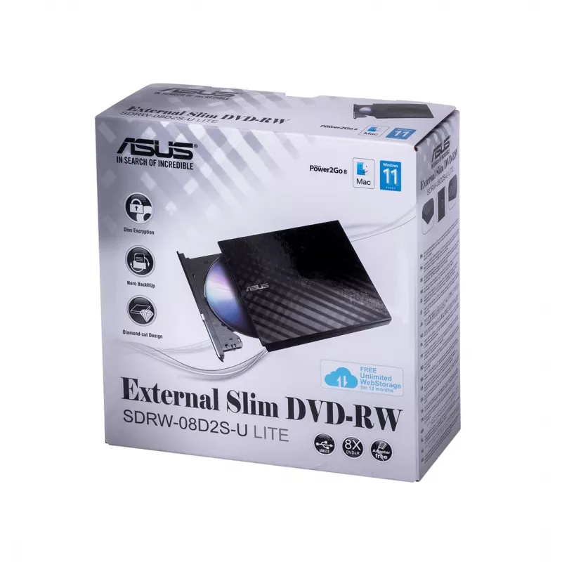 Väline DVD±RW optiline kettaseade ASUS SDRW-08D2S-U Lite, USB 2.0, must, 24x CD / 8x DVD, 142×142×20 mm