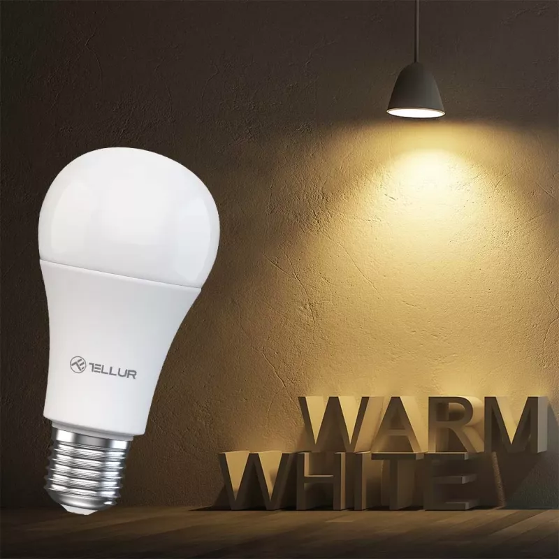 Smart WiFi pirn Tellur TLL331331 9W valge sooja valge hämardatav — reguleeritav sooja valge valgus, Wi‑Fi juhtimine