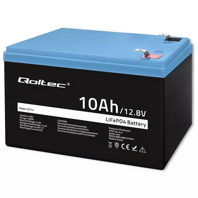 Laetav LiFePO4 aku QOLTEC 10Ah 12.8V 128Wh sisseehitatud BMS-iga