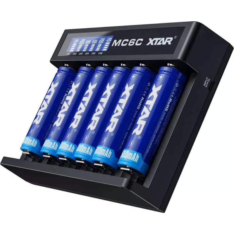 Akulaadija XTAR MC6C mitmepesaline nutilaadija silindrilistele liitium-ioon akudele, 6 pesa, toetab 18650/21700/AA, 5V sisend, must