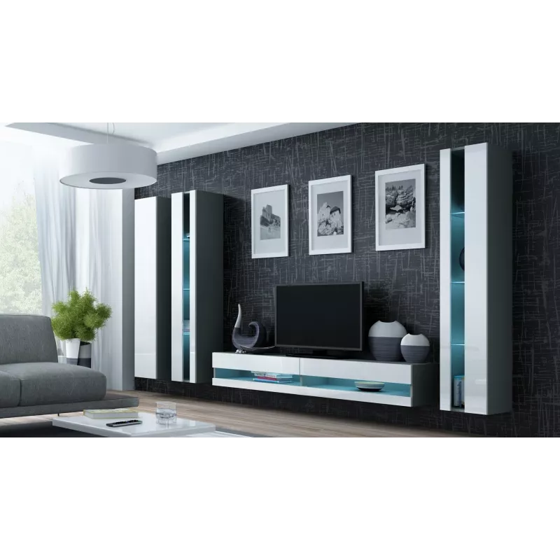 TV-alus Cama Meble VIGO NEW 30/140/40 — 1400×400×300 mm, hall pealispind, puitlaastplaat, hall raam, valged läikivad esipaneelid