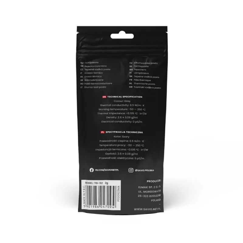 Termopasta SAVIO TG-03 13,5 W/m·K, 2 g — termoliidese segu