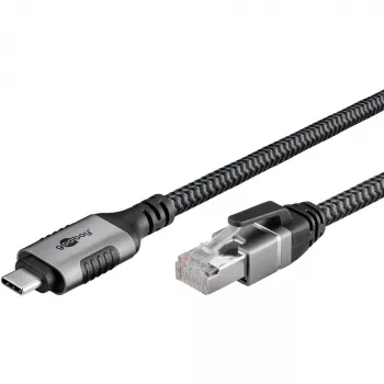 Ethernet-kaabel USB-C 3.2 Gen2 Plug > RJ-45 Plug, LAN-Adapter Must/Hõbedane, 1,5 Meter, braided textile jacket