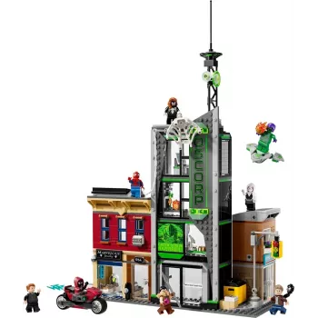 LEGO Marvel komplekt 76324 Spider-Man vs. Oscorp ehitusmänguasi, 808 detaili, 8 minifiguuri, vanusele 10+