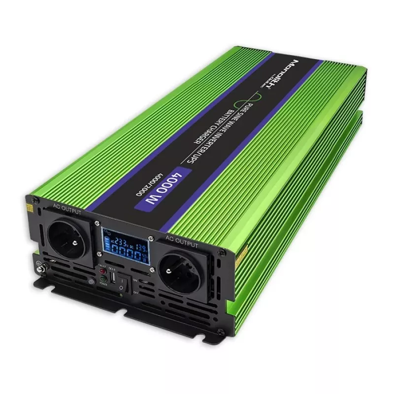 Qoltec Monolith Pingemuundur | Aku laadimine | UPS | 2000W | 4000W | 12V kuni 230V | Puhas siinus | LCD must-roheline