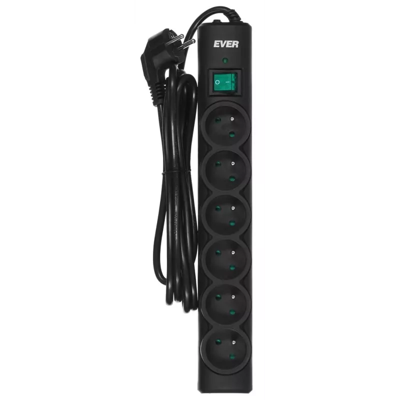 Pikendusjuhe EVER Optima 3 m kaabel, 6 vahelduvvoolupesa, 250 V, 10 A, liigpingekaitse 175 J, must