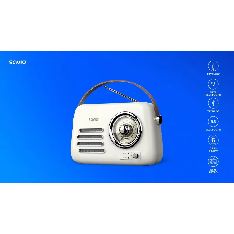 Kaasaskantav raadio SAVIO RS-02 — analoog-FM-tuuner, Bluetooth 5.3, USB-toide, 3 W, valge