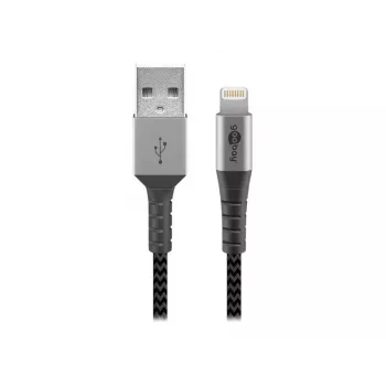 USB-A – Lightning-kaabel GOOBAY 2 m, tekstiilümbris, 3,3 mm läbimõõt, kosmosehall/hõbedane