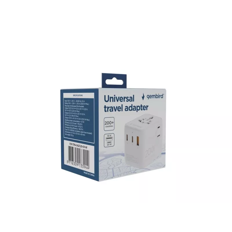 Reisiadapter GEMBIRD TPA-1A2C20-01-W — 20 W, USB-A (18 W) + 2× USB-C (20 W), Type E pistik, valge