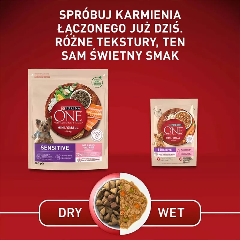 Kuiv koeratoit Purina Nestlé One Mini/Small Sensitive Salmon & Rice 800 g – väikest tõugu (5–10 kg), eakatele, 27% valku, 17% rasva