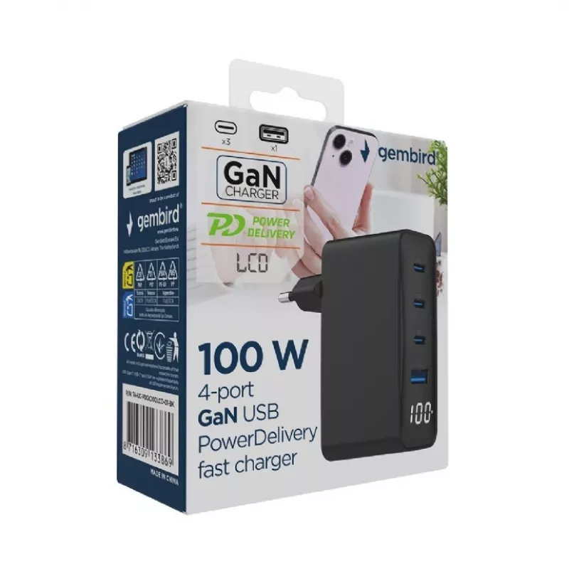Gembird TA-UC-PDQC100LCD-01-BK mobiilseadme laadija Sülearvuti, Nutitelefon Must AC Kiirlaadimine Siseruumides