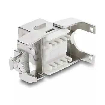 Keystone-moodul DELOCK RJ45 LSA-le Cat.6A varjestatud, tööriistavaba, lame, hõbe/valge, tolmukaitsekorgiga