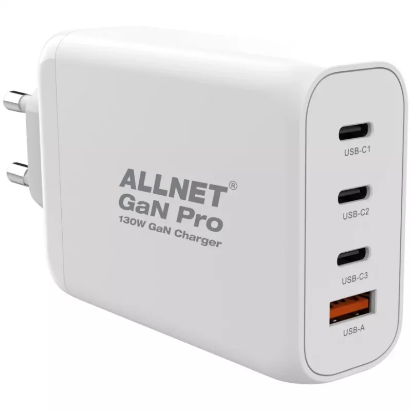 Toiteplokk ALLNET PSU-GaNPD-USB-1A3C-130W — 130 W, 1× USB-A, 3× USB-C