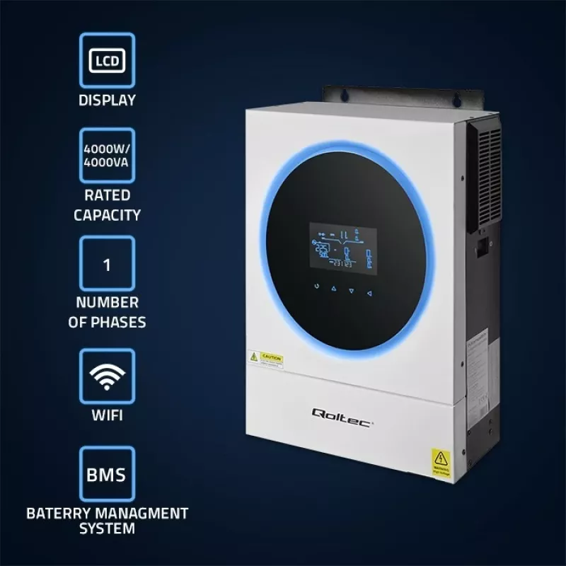 Qoltec, pingemuundur, hübriidpäikeseinverter Off-Grid 4kVA 4kW 120A MPPT LCD Wi-Fi BMS Sinus