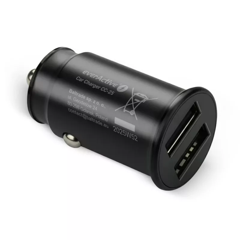 Autolaadija everActive CC-25 — 2x USB-porti, 12W koguväljund, 12V–24V sõiduki toide