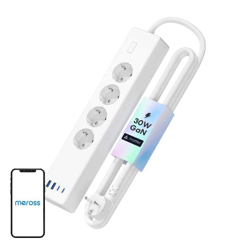 Pikendusjuhe Meross MSP844 — 4 vahelduvvoolu pistikupesa, 2 USB‑A, 2 USB‑C