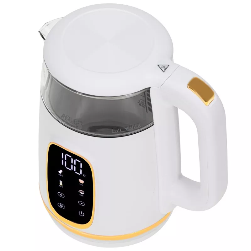Elektriline veekeetja Adler AD 1305WG — 1,7 l, 2200 W, klaas/plast, valge/kuldne/läbipaistev