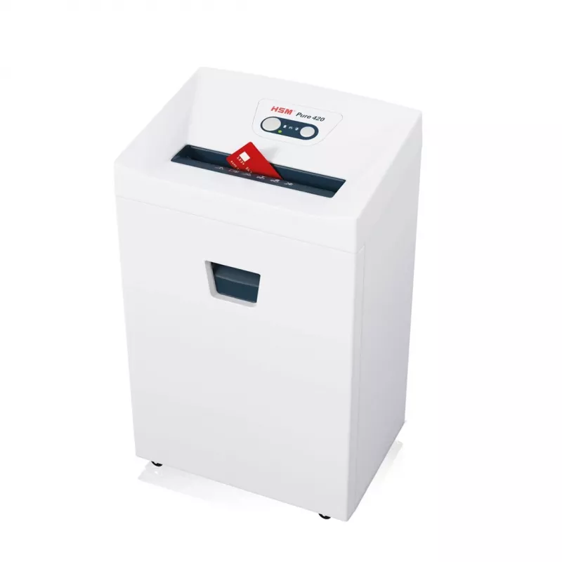 Purustaja HSM Pure 420 — osaklõikus P-4, 24 cm töölaius, 15-leheline mahutavus, 35 L prügikast, valge