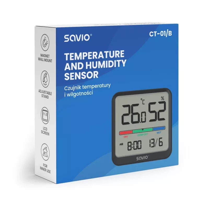 Sise temperatuuri ja niiskuse andur SAVIO CT-01/B eraldiseisev, LCD, -10–55°C, 10–99% RH, CR2032