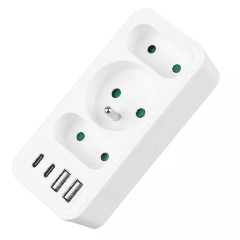 Toitepistikupesade jagaja MACLEAN MCE248 F/W — 3 vahelduvvoolu pistikupesa (1×16A, 2×6A) + 4×USB (2×A, 2×C PD 20W), EL-pistik, valge
