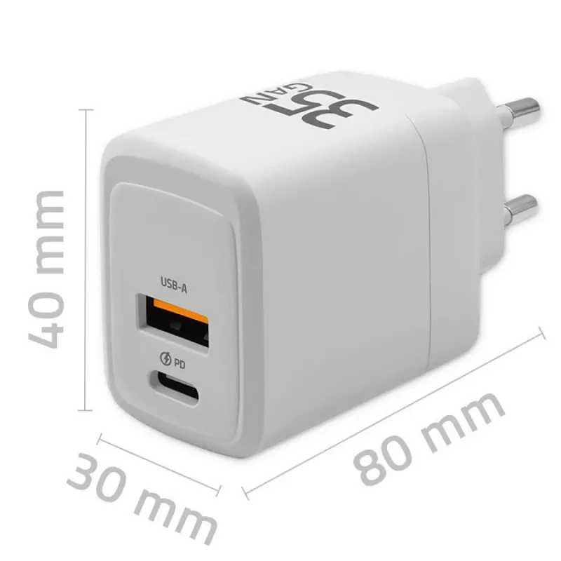 Laadija QOLTEC 51824 GaN 35W USB-C PD ja USB QC 3.0, 5–20 V, 1x USB-C, 1x USB-A