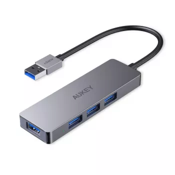 USB-jaotur Aukey CB-H36 — 4-pordiline USB 3.2 Gen 1 Type-A, host USB 2.0, 5000 Mbit/s, alumiiniumist hõbedane