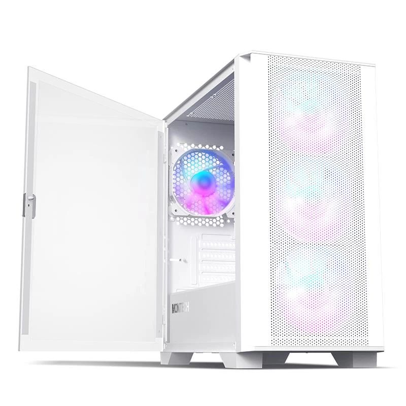 Montech AIR 100 ARGB MICRO-ATX korpus nelja eelpaigaldatud ARGB ventilaatoriga, üliminimalistlik disain, peen võrgust esipaneel, kõrge õhuvool, unikaalne külg