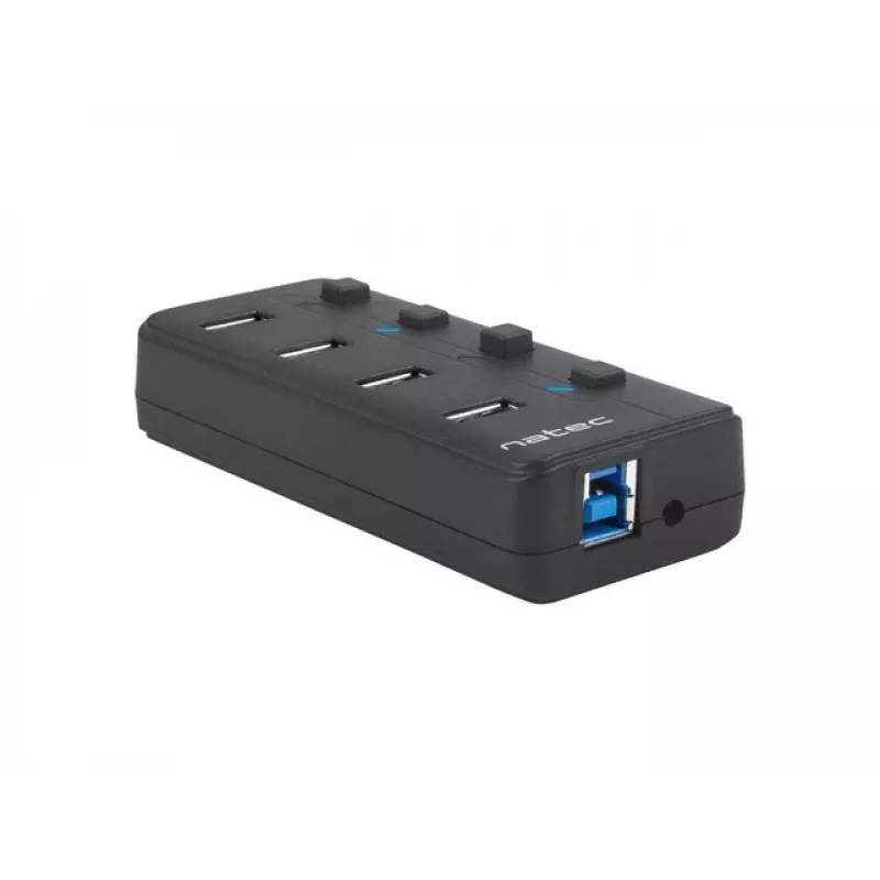 USB-jaotur NATEC MANTIS USB 2.0 Type-B — 4x USB 3.2 Gen 1 Type-A porti, must, 0,8 m kaabel, vahelduvvooluadapter, toitelüliti