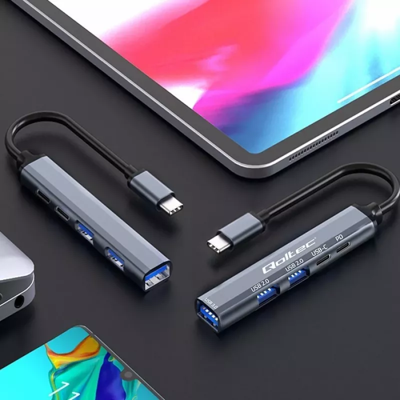 Qoltec 53790 Hub-adapter USB-C 3.1 5in1 | USB-C PD | USB-C | 2x USB 2.0 | USB 3.0
