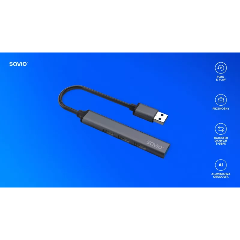 USB-hub SAVIO AK-70, 7-port USB 3.0, 4 kasutatavat porti, USB Type-A host, 5 Gbit/s edastuskiirus, garantii 2 aastat