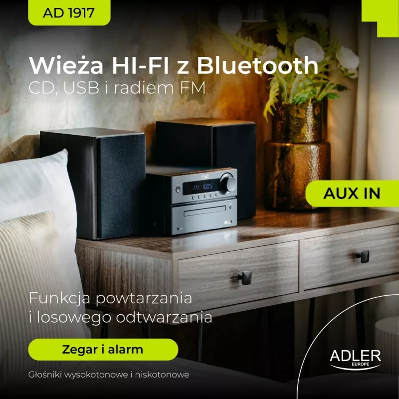 Mini Hi‑Fi stereosüsteem Adler AD 1917 — Bluetooth V5.3, CD/USB/MP3, 2×25W RMS, FM-tuuner, 4‑ribaline ekvalaiser, AUX, must