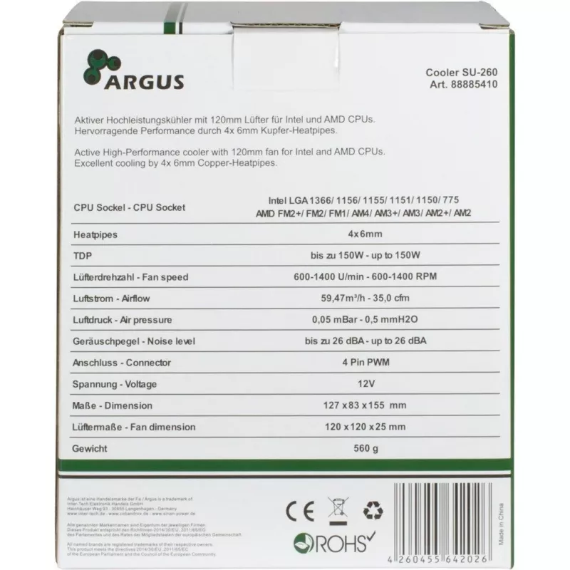 Inter-Tech Argus SU-260 - protsessor - jahuti - 12 cm - LGA 1150 (Socket H3) - LGA 1151 (Socket H4) - LGA 1155 (Socket H2) - LGA 1156 (Socket H) - LGA 775... - AMD A - Intel® Celero