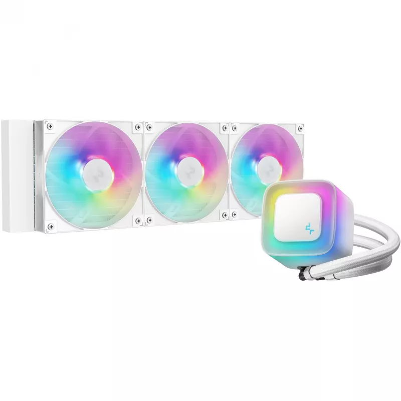 All-in-one vedelikjahuti DeepCool LE360 WH V2 12 cm Valge — 360 mm radiaator, 3x120 mm ventilaatorid, LGA 1851 tugi
