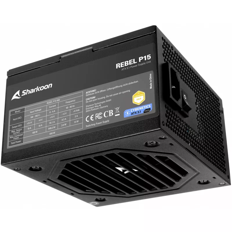 Toiteplokk Sharkoon Rebel P15 650 — 650W, 1x 12‑kontaktiline suure võimsusega GPU pistik, 2x PCIe, modulaarsed kaablid