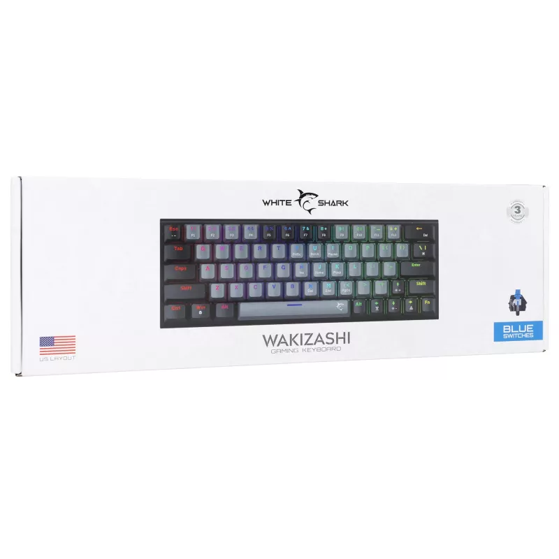Mehaaniline mänguriklaviatuur White Shark Wakizashi GK-002721V2 — hall-must raam, USA paigutus, sinised lülitid