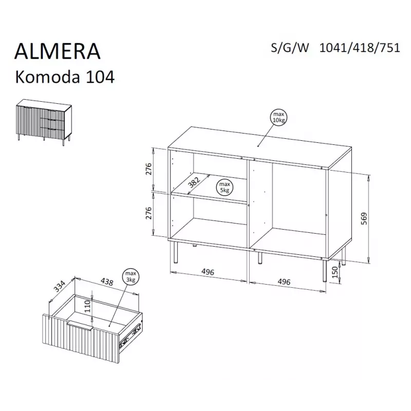 Cama meble ALMERA kummut 104x42x75 cm, pähkel/kašmiir, 3 sahtlit, puitlaastplaat