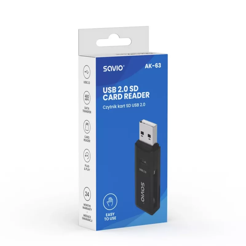 SD-kaardilugeja, USB 2.0, 480 Mbps, AK-63 Savio SAVAK-63