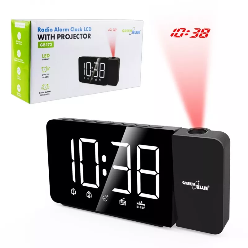 Digitaalne LED-kellraadio GreenBlue GB172 koos FM-tuuneri, projektori, termomeetri, USB 5V ja CR2032 toitega