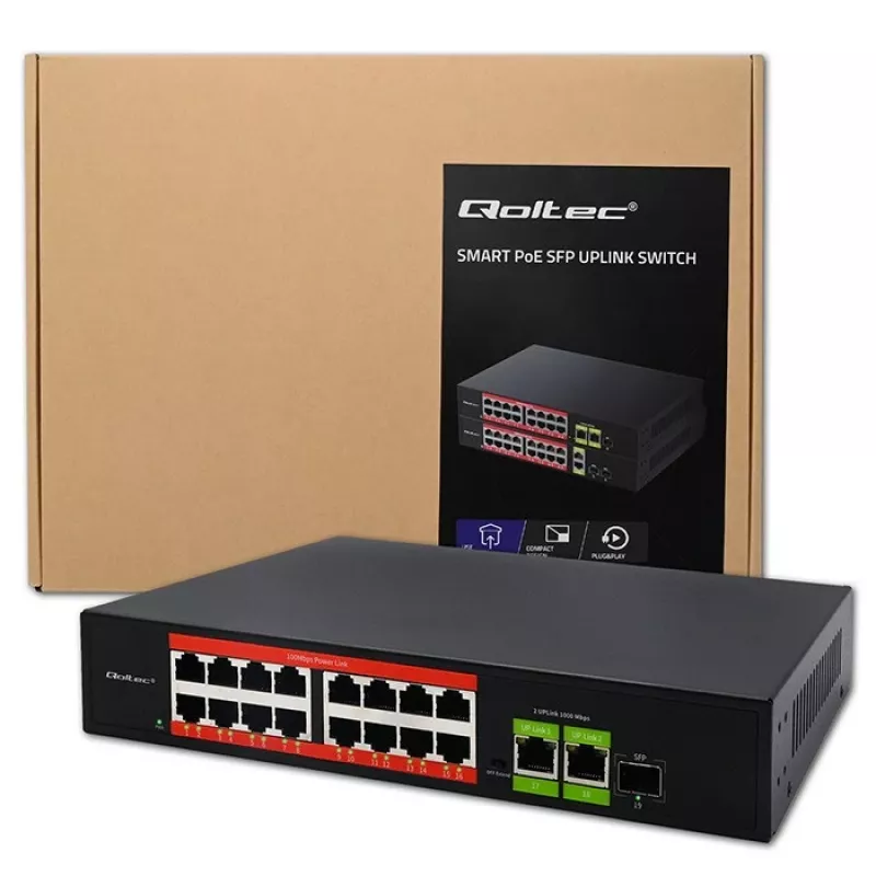 Ethernet PoE lüliti QOLTEC 16x RJ45, 2x RJ45 uplink, 1x SFP (MPN 52291)