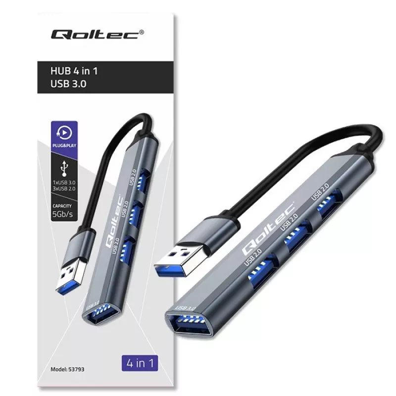 USB-jaotur QOLTEC 53793 — USB 3.0 sisend, 3× USB 2.0 porti