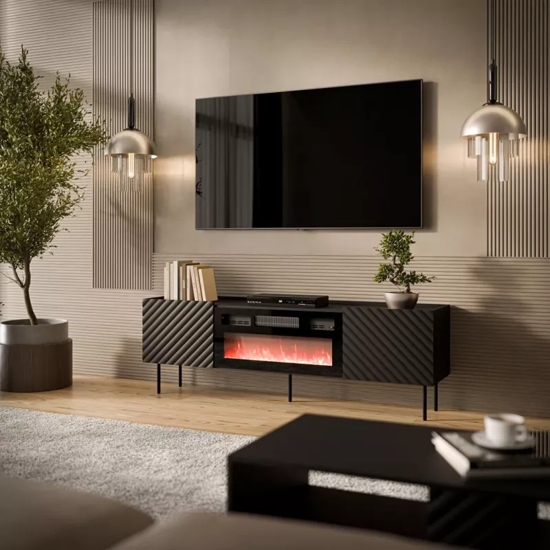 TV-kapp Cama Meble LUCCA 180x40x59 cm, must pealispind ja raam, puitlaastplaat, sisaldab musta kaminat