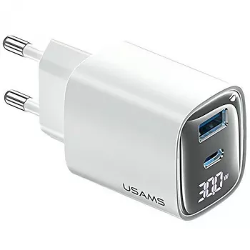 USB ja USB-C 30W GaN kiirlaadija usams CC229 valge — LED-indikaator, kompaktne disain