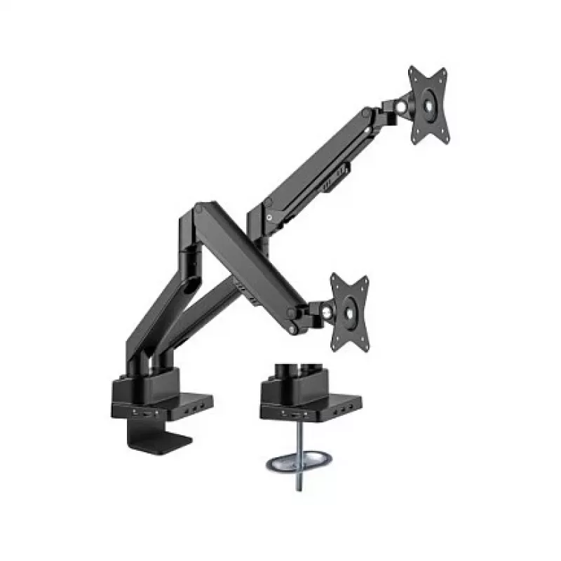 Manhattan Dual Desk Mount for TV & Monitors (Full Motion Gas Spring) with built-in Dock, For screens to 27 inch, Ports (x7): Ethernet,HDMI (x2),USB-A (x3) and USB-C,Power Delivery (100W) to USB-C Port (Separate USB-C wall charger/kaabel needed),VESA: 75x75 and 100x100mm