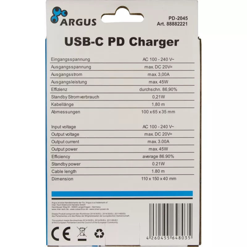 Laadija Inter-Tech PD-2045 Universaalne Must AC siseruumidesse 20V USB-C