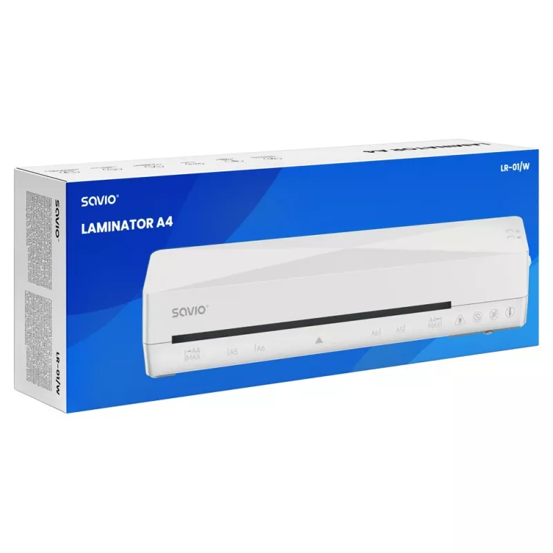 Külm/kuum laminaator SAVIO LR-01/W — max laius 230 mm, 320 mm/min, 300 W, valge