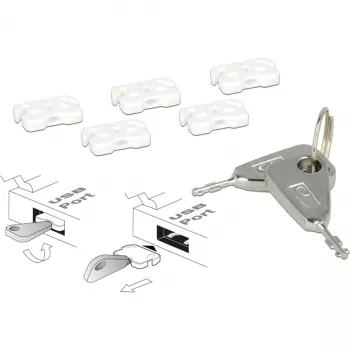 USB-pistikupesa blokeerimiskomplekt USB-A pesale, sisestatav lukk valge/hõbedane, 5x USB-pistikupesa blokeerija, 2x võti
