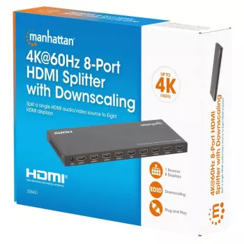Manhattan 4K@60Hz 8-pordiline HDMI-jaotur skaleerimise vähendamisega, jaotab ühe HDMI-sisendi kaheksale HDMI-väljundile (1x8), 18G, EDID-lüliti skaleerimise vähendamiseks, must