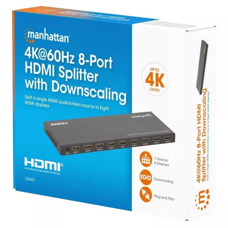 Manhattan 4K@60Hz 8-pordiline HDMI-jaotur skaleerimise vähendamisega, jaotab ühe HDMI-sisendi kaheksale HDMI-väljundile (1x8), 18G, EDID-lüliti skaleerimise vähendamiseks, must