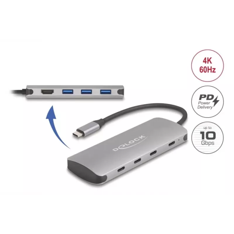 USB-C jaotur DELOCK 64323 — USB 3.2 Gen 2 USB-C host, HDMI + 2× USB-A + 2× USB-C, 10 Gbit/s, hall